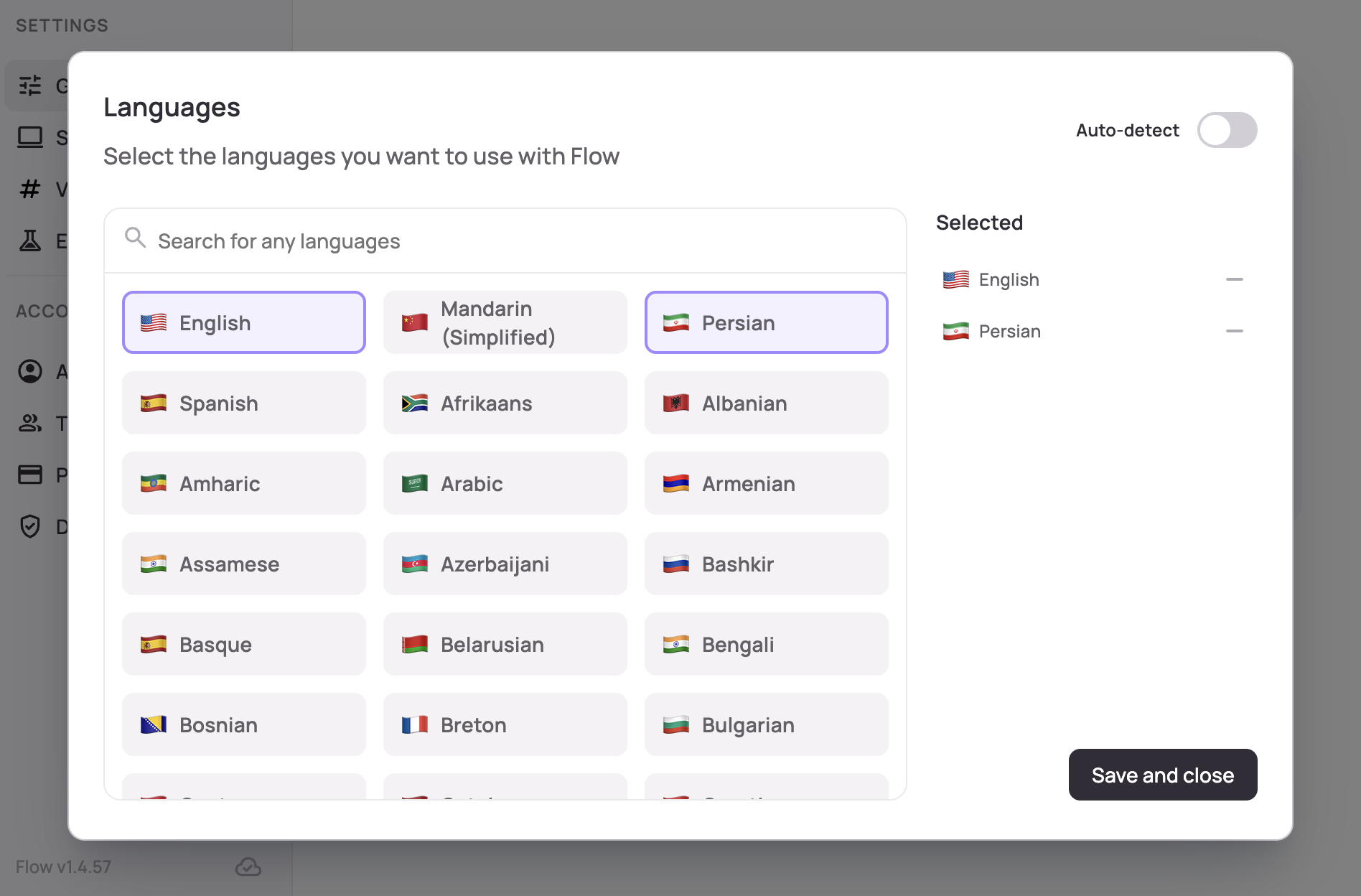 انتخاب زبان‌ها در تنظیمات Wispr Flow با پشتیبانی از زبان فارسی و انگلیسی برای تبدیل صدا به متن